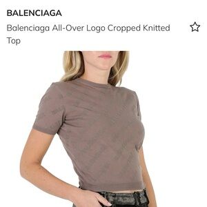 Balenciaga Women’s Mini Allover Logo Crop Short Sleeve Sweater Beige L Authentic